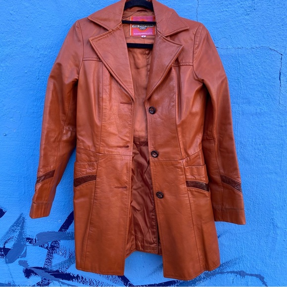 Vintage 60s Ms. Pioneer leather and snakeskin jacket, orange brown, pockets, Sm - Picture 10 of 16